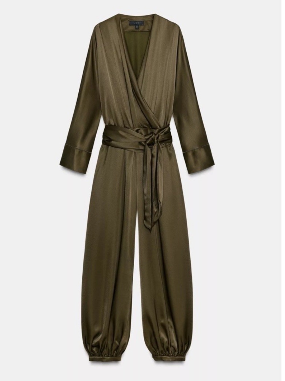 Zara Olive Green Satin Wrap Jumpsuit - Picture 4 of 5